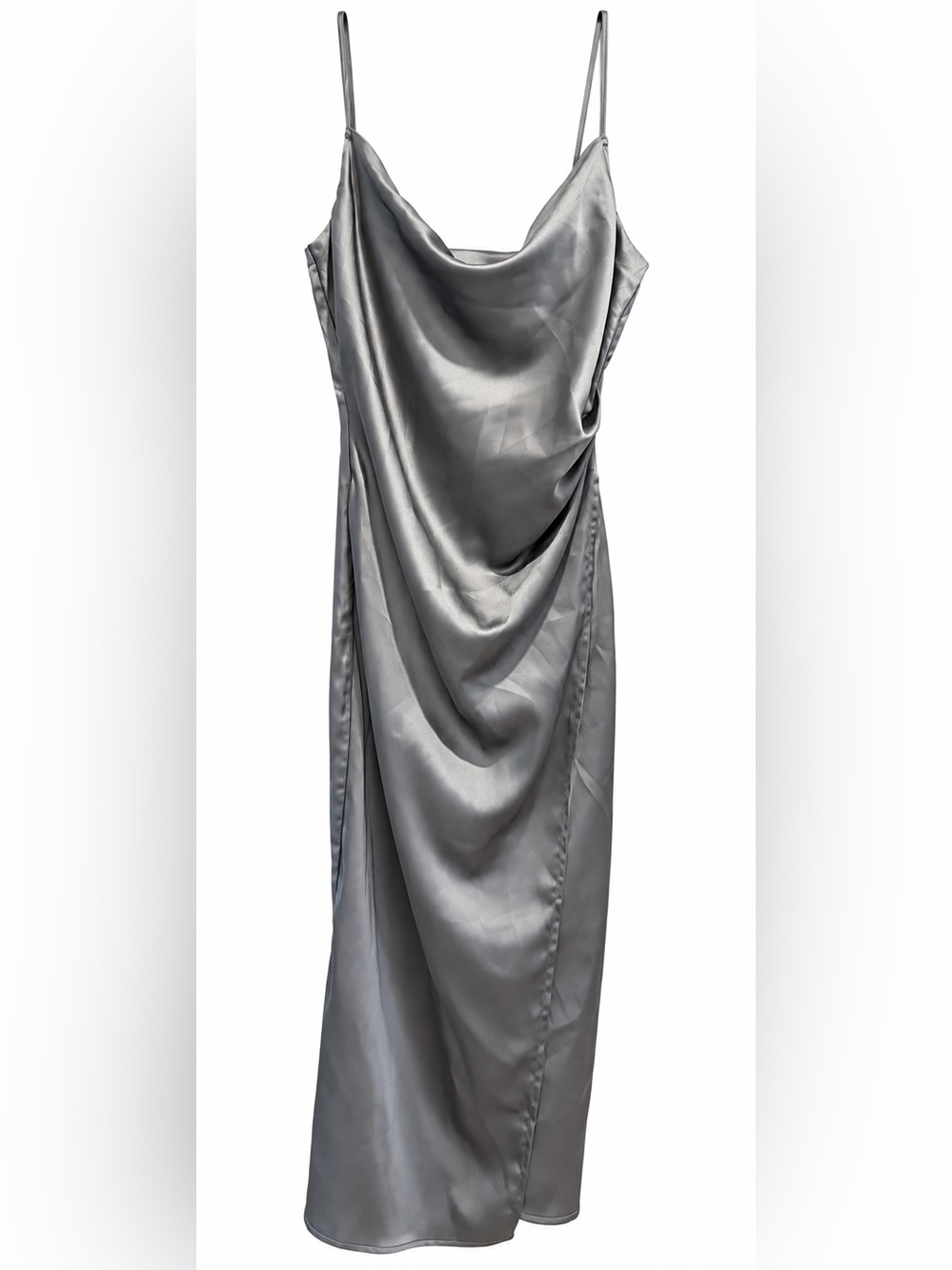 Re:Named gray satin midi dress with cowl neck and zipper back